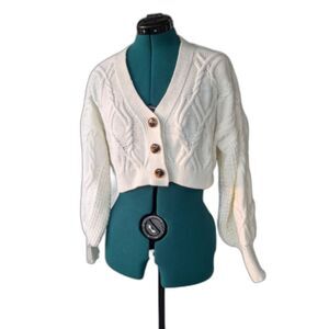 Nina Kendosa White Knit Cropped Cardigan Sweater Cozy Winter Knit Paris Sz S